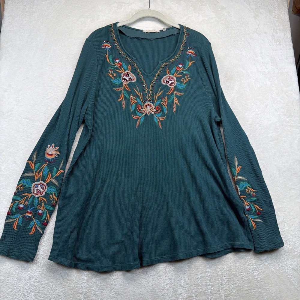 Soft Surroundings Women's Teal Embroidered Waffle Knit Boho Tunic Top L